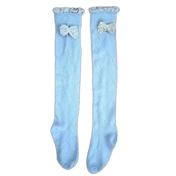 Vintage blue knee-high stockings cute cream bow​ coquette girl pastel y2k twee - Picture 1 of 1